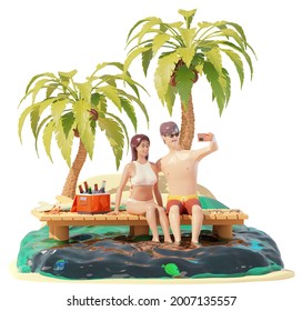 Young couple making beach selfie on wooden pier. Man and woman surfers seating on the seaside pier with surfboard and smartphone. Holidays on sea or ocean beach. 3d illustration - Powered by Shutterstock