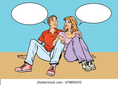 Young Couple Man And Woman Talking. Pop Art Retro Comic Book  Illustration. Young Family Husband And Wife