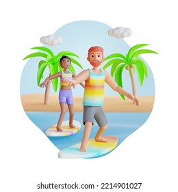 young couple surfing on the ocean beach 3d character illustration - Powered by Shutterstock