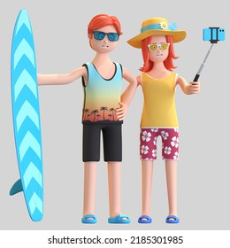 Young couple take a selfie photo on beach 3D character illustration - Powered by Shutterstock