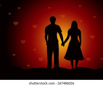 Young couple walking together holding hands on falling hearts background - Powered by Shutterstock