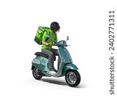 A young courier, a food and parcel delivery man in black uniform, a thermo backpack on a moped isolated on white. 3D online delivery service, freight scooter and delivery bag carrier