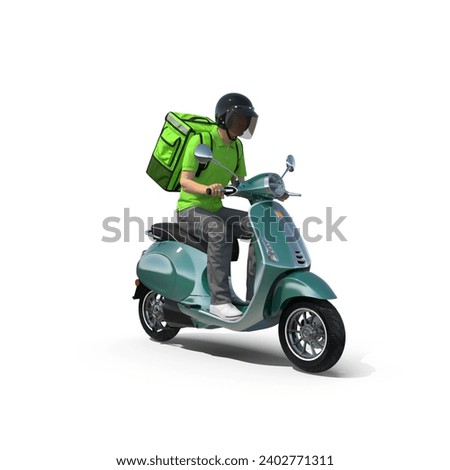 A young courier, a food and parcel delivery man in black uniform, a thermo backpack on a moped isolated on white. 3D online delivery service, freight scooter and delivery bag carrier Imagine de stoc © 