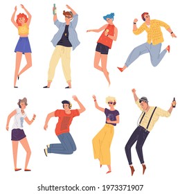 Young creative people, dancers, students in headphones dancing, jumping, rythmical moving. Girls, boys, guys, women, men having fun in night club, event, youth party. flat set on white. - Powered by Shutterstock