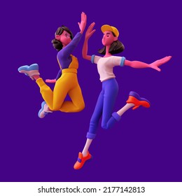 Young cute excited funny smiling colorful casual asian active girls wear fashion clothes jump up in air and high five clapping hands with joy, celebrate success in work. 3d render on purple backdrop. - Powered by Shutterstock