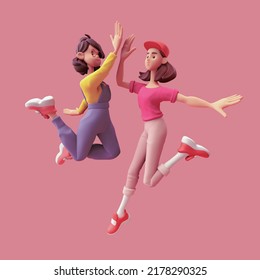 Young cute excited funny smiling colorful casual asian active girls wear fashion clothes jump up in air and high five clapping hands with joy, celebrate success in work. 3d render on pink backdrop. - Powered by Shutterstock