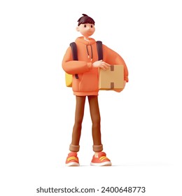 Young cute funny сasual smiling delivery guy in fashion clothes red hoodie, brown jeans stands with thermal yellow backpack holds cardboard box one hand under arm. 3d render isolated on white backdrop - Powered by Shutterstock