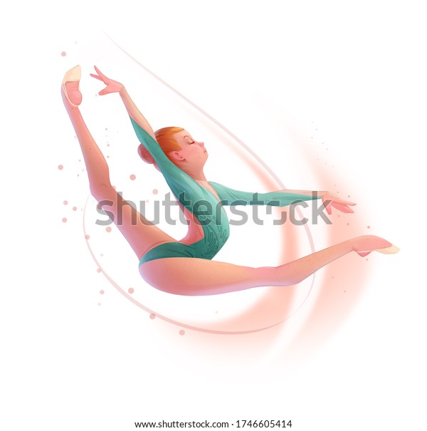 若くてかわいいリズミカル体操選手が飛び跳ねてフルスプリット カラフルなデジタルイラスト のイラスト素材