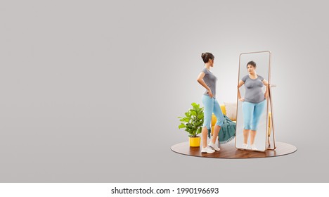 Young cute sporty girl looking in the mirror and imagining herself as fat. Psychological problem. Disorder, anorexia or bulimia. Unusual 3d illustration