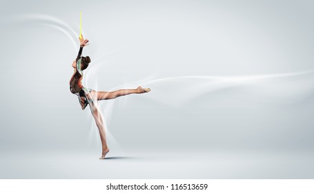 Young Cute Woman In Gymnast Suit Show Athletic Skill On White Background
