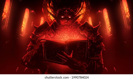A young demon in spiked sinister armor reads a satanic book, his eyes burning with magical fire, and the stained glass window of sabor is bathed in red sun. 2d illustration