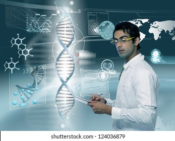 Young Doctor Looking At DNA Strand In Futuristic Background