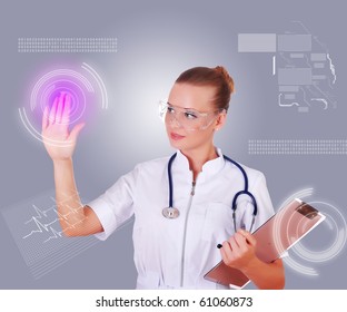 Young doctor in white uniform, transparent glasses and a stethoscope clicks on virtual buttons. Collage.