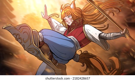 Young energetic fox girl in anime style, makes a powerful jump by making a knee kick in the air, she has a staff, beautiful red hair, ears and tail, behind her eastern temples and. 2d action comic art