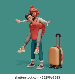 Young excited happy asian man giving his cute kawaii smiling girlfriend a piggyback ride. Two people in colorful fashion casual red blue clothes with yellow suitcase, fun. 3d render on green backdrop. - Powered by Shutterstock