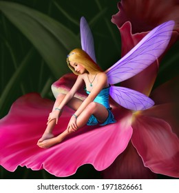 Young Fairy Sitting Flower  Realistic digital illustration 