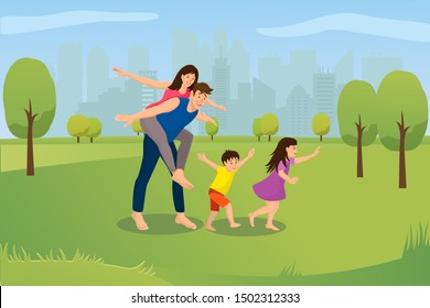 Young Family Outdoor Leisure Cartoon Concept with Joyful Boy and Girl Running Barefoot on Grass, Father Piggyback Riding Mother on Meadow in City Park Illustration. Enjoying Happy Parenting - Powered by Shutterstock