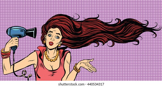 Young Female Drying Hair Hairdryer Pop Art Retro