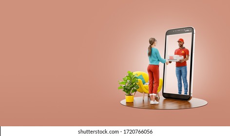 Young Female Receiving Pizza From Courier Through Smartphone Screen. Food Delivery Service. Pizza Delivery Concept. Unusual 3d Illustration