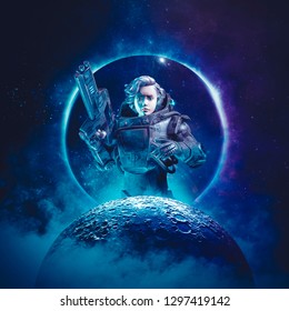 Young female space cadet / 3D illustration of science fiction scene showing young heroic woman astronaut with laser pulse rifle rising above moon