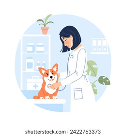 Young female veterinarian examining cute purebred dog with stethoscope on blue pet hospital background. Veterinary medicine concept. Animal diagnostics design. Flat line vet clinic illustration - Powered by Shutterstock