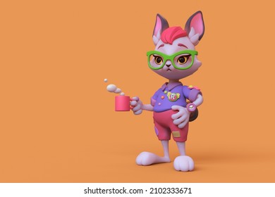 Young funny guy bunny with a human body wears red pants, a blue T-shirt, green glasses holds a cup of tea in one hand. Cartoon smart white hare with bangs, black ears. 3d render on an orange backdrop.