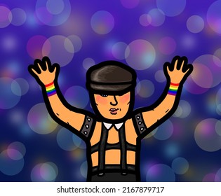 A Young Gay Man In A Leather Costume Arm Raise And Dancing In Nightlife Disco Club. Gay Pride Rainbow Celebration Freedom Lifestyle.