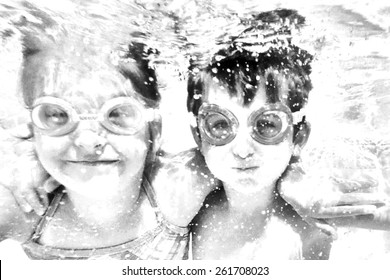 Young girl and Young boy, brother and sister under water with goggles smiling for the camera, line drawing illustration black and white pencil - Powered by Shutterstock