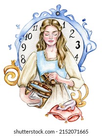 Young girl and bucket water the background the clock n Cinderella in blue dress reading  Fairy tales for kids  Isolated white background  Illustration is perfect for greetings card  