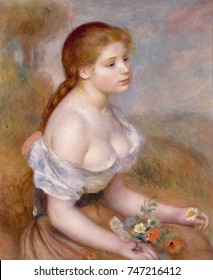 A Young Girl with Daisies, by Auguste Renoir, 1889, French impressionist painting, oil on canvas. Renoir painted the luminous flesh and beauty of the sitter against a softly defined landscape backgrou