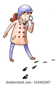 Young Girl Detective Examining Footprints With A Magnifying Glass.