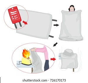 A Young Girl Is Extinguishing Fire With A Blanket. Safety Instructions For Fire.