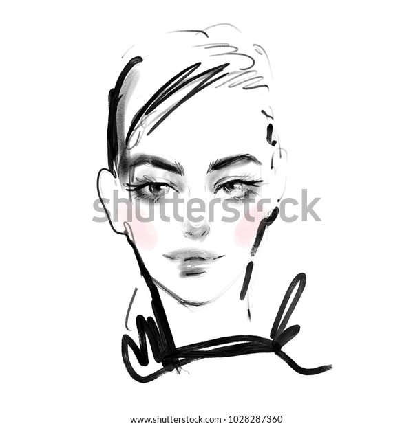 Young Girl Face Black White Pencil Stock Illustration 1028287360