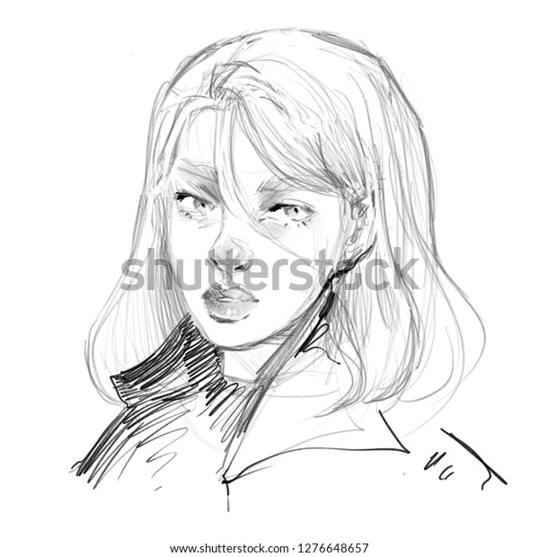 Young Girl Face Black White Pencil Stock Illustration 1276648657