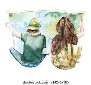 Young girl and girl hold a map design isolated on white. Watercolor hand painted man and woman with backpack looking at a map illustration. Travel concept clipart. Camping themed print.
