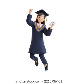 young girl jumping while holding diploma graduation 3d character illustration - Powered by Shutterstock