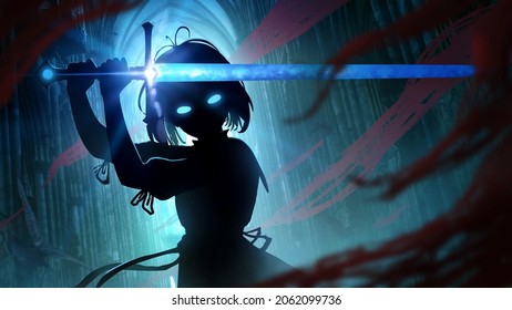 A young girl knight with a square hairstyle, stands in a fighting position with a magic sword claymore in her hands, it glows with blue ice magic, against the background of a Gothic sabor. 2d art