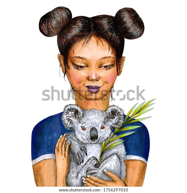 白い背景に笹の葉を持つ手にコアラの赤ちゃんを持つ若い女の子 手描きのイラスト のイラスト素材