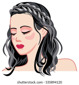 Young Girl With Long Dark Hair And A Braid. Long Hair Romantic Style. Medieval Hairstyle. Raster Clip Art.