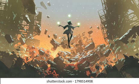 young girl with the magic balls floating above the ruined city, digital art style, illustration painting