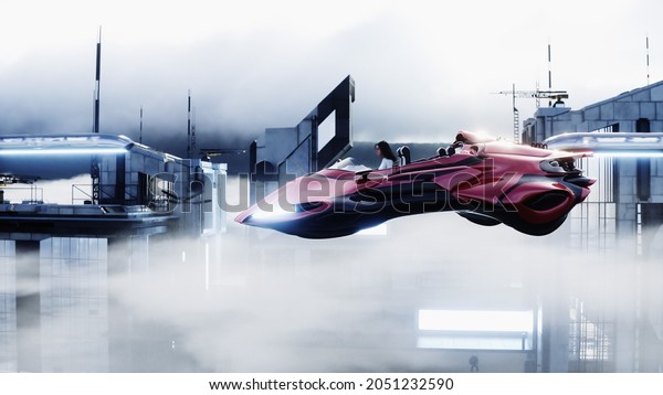young girl on a flying car in the over clouds.\
Future concept. 3d\
rendering.