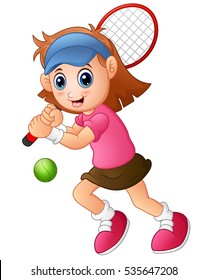 Young Girl Playing Tennis On A White Background