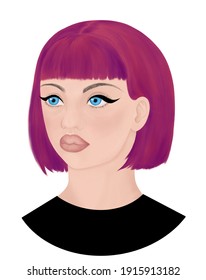 Young Girl Portrait With Blue Eyes And Purple Hair. Dyed Hair, Eye Makeup. Digital Illustration Isolated On A White Background.