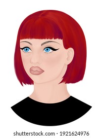 Young Girl Portrait With Blue Eyes And Red Hair. Dyed Hair, Eye Makeup. Digital Illustration Isolated On A White Background.