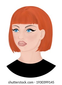 Young Girl Portrait With Blue Eyes And Red Hair. Dyed Hair, Eye Makeup. Digital Illustration Isolated On A White Background.