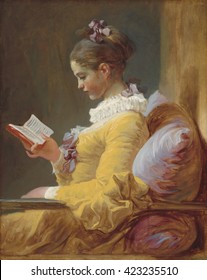 Young Girl Reading, By Jean-Honore Fragonard, C. 1770, French Painting, Oil On Canvas. The Girl's Dress And Cushion Are Painted In Fluid Strokes Of Broad Unblended Bands Of Color: Saffron, Lilac, And