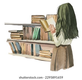 Young girl reads a book in front of book shelves. Watercolor hand painted woman reading a story. Book lover concept. Book reader design. Bookworm illustration. - Powered by Shutterstock