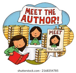 A Young Girl Reads A Book While Imagining She Is An Author At A Book Signing Event.