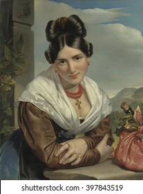 A Young Girl Reposing, by Jan Adam Kruseman, 1827, Dutch painting, oil on canvas. Young woman in Italian costume leaning forward with her folded arms on a balustrade. At right is a bottle of wine in a