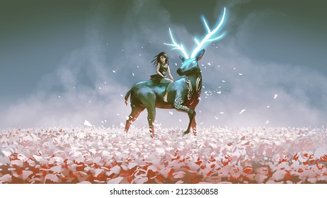 The Young Girl Sitting On Her Magic Stag With The Glowing Horns, Digital Art Style, Illustration Painting